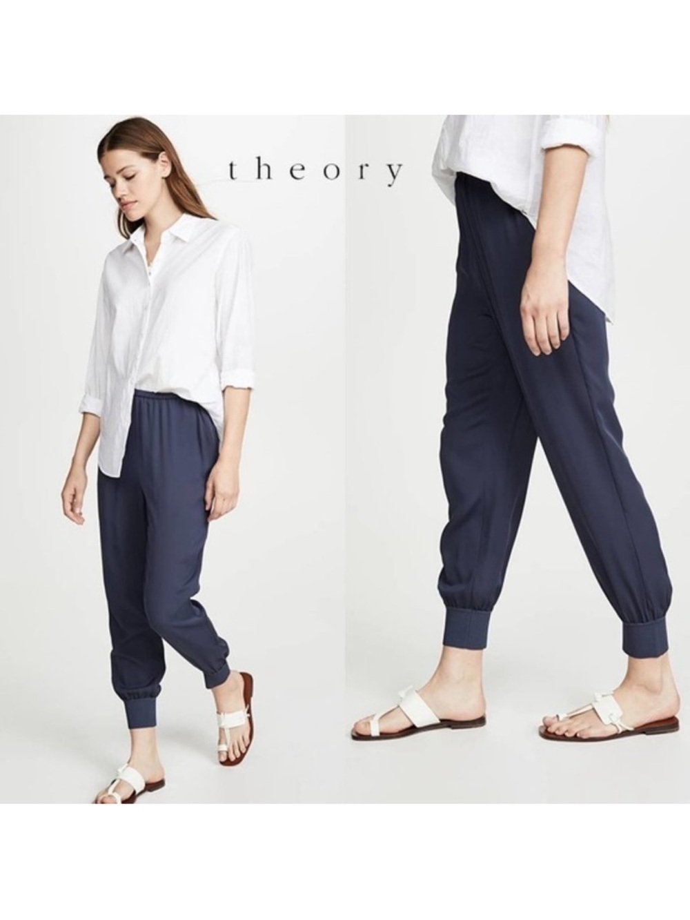 Theory Navy Elastic Waist Jogger Pants women P 100 % silk pull on office lux Y2K